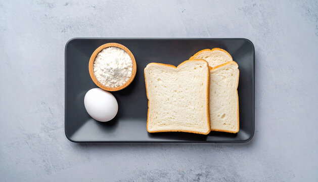 A flat lay of baking ingredients and bread on a rectangular tray