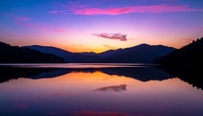 Sunset lake with mountain silhouettes and colorful sky reflection