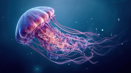 Fototapeta premium Stunning translucent jellyfish floating in deep blue ocean water with bioluminescent glow and flowing tentacles underwater scene