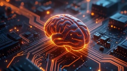 Data Flow Inside Brain: AI Neural Network Integrated with Digital Circuit Board - Powered by Adobe
