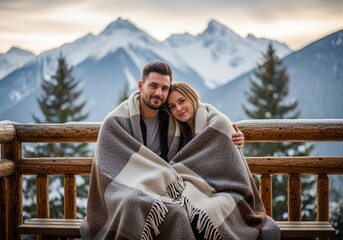 A romantic couple wrapped in a cozy blanket on a winter mountain vacation. Young man and woman cuddling outdoors with a snowy landscape view. Love and togetherness concept