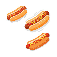 Vibrant vector illustration showing three hot dogs in buns topped with mustard and ketchup. Bright, playful, and appetizing, perfect for fast food, casual dining, and snack-themed projects.
