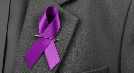 Purple ribbon on suit lapel observing the international day for the elimination of violence against women
