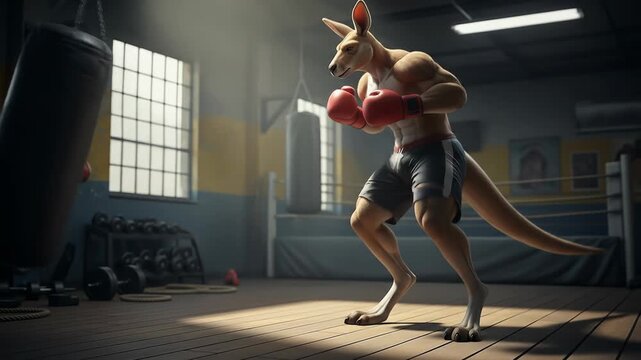 Dynamic Kangaroo Boxer Training: Powerful Punch on Heavy Bag in Gritty Gym