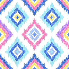 Ethnic ikat seamless pattern geometric abstract designs with traditional motifs.