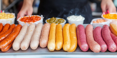 Man is preparing hot dogs with a variety of toppings, different colored. Concept of anticipation and excitement