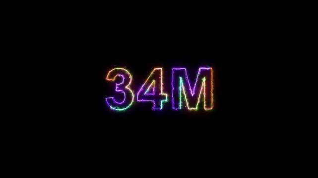 34M followers neon text animation on black background. 34 Million followers realistic neon sign. Neon text 34 million followers or 34 million subscribers for social media.