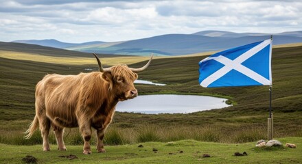 Scenic celebration of st. andrew's day with highland cow and scottish flag in scottish highlands landscape