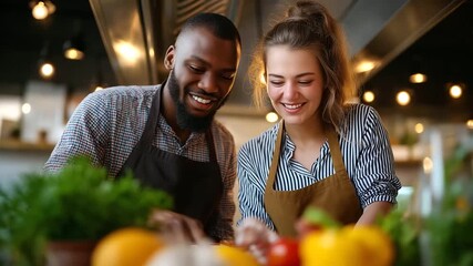 Couple cooking together in class, laughter and teamwork, culinary creativity, learning together, relationship joy, social event, lifestyle activity, love and inspiration, with copy