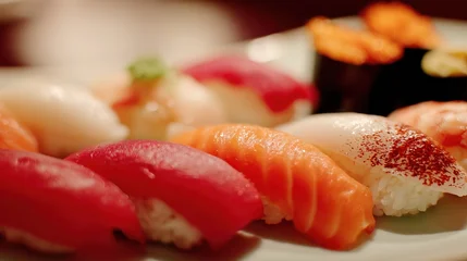 Wandcirkels Restaurant Assorted sushi with tuna, salmon, on plate, close - up, copy space.  © Craft