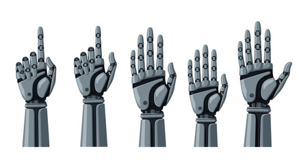 Robotic hands displaying different finger counts for digital technology.