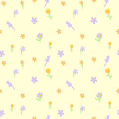 Seamless floral pattern with pastel flowers on light yellow background. Simple and cute vector design for fabric, wallpaper, wrapping paper, or digital use. Hand-drawn botanical illustration