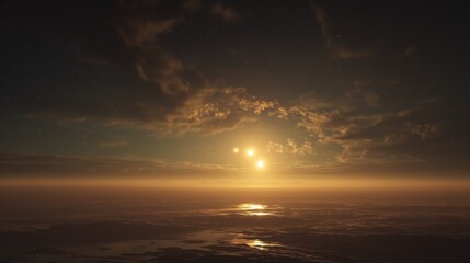 Alien sunset with triple suns over surreal landscape evokes Futuristic Tranquility and 3I Atlas Aesthetic in Cinematic Sci-Fi style.