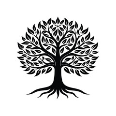 Obraz premium Black Silhouette of a Detailed Tree with Spreading Roots and Leaves white background
