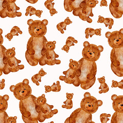 Seamless pattern shows many adorable brown teddy bears. Watercolor style shows mother and baby teddy bears in repeat pattern.