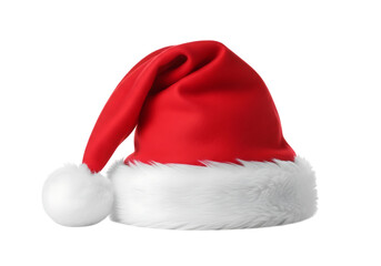 Classic red santa hat with white fur trim and pom pom isolated on transparent background
