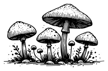 Mushroom cluster forest floor vintage hand-drawn engraving vector illustration of wild fungi woodland scene