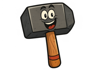 Cheerful hammer cartoon character smiling, representing construction, repairs, and strong work ethic, transparent background