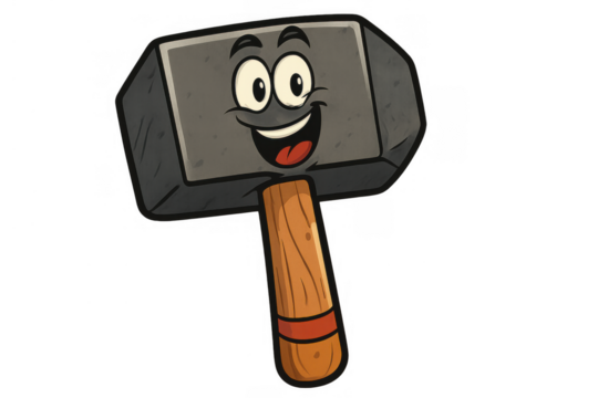 Cheerful hammer cartoon character smiling, representing construction, repairs, and strong work ethic, transparent background