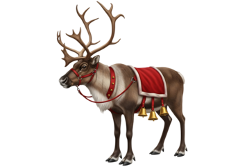 Majestic reindeer wearing festive christmas harness and bells isolated on transparent background
