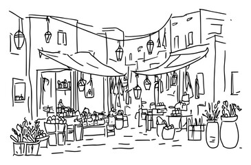 Obraz premium Mediterranean old town street market with potted flowers and cafe awnings hand-drawn sketch vector illustration