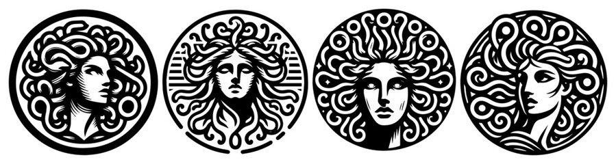 Medusa head coin emblems collection Greek mythology vintage engraving vector illustration