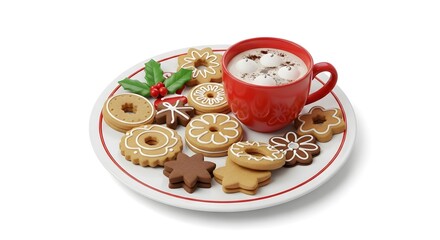 A festive plate of assorted Christmas cookies and a red mug of hot chocolate isolated on a white background.