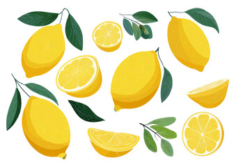 Fresh lemons and citrus slices with green leaves on transparent background