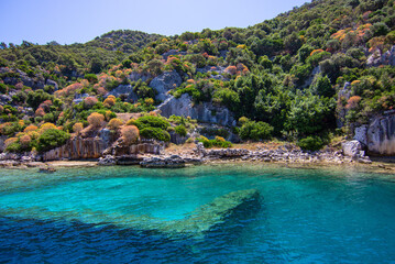 Naklejka premium Ancient Lycian Ruins of Simena (Kaleköy) Partially Underwater along Kekova Coast, Turkey
