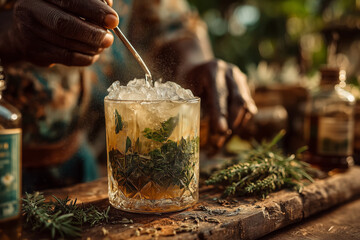 Crafting a refreshing low-alc cocktail with fresh herbs in a sunny garden