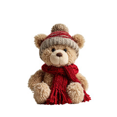 Cute teddy bear in winter attire with scarf and beanie for cozy vibes on a transparent background, cut out