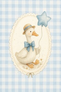 Star Balloon Duck in Scalloped Frame &ndash; Pastel Blue Gingham Illustration