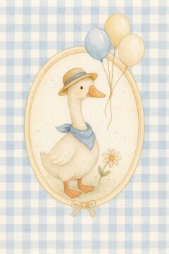 Dapper Duck with Balloons on Blue Gingham &ndash; Watercolor Nursery Print