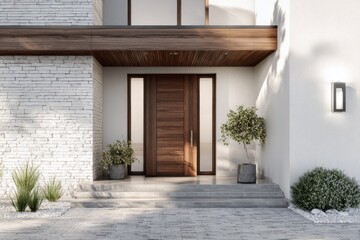 Modern entrance with wood door, white brick, and landscaping.