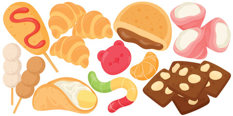 Vector Snack Fast food Clip Art Set Cute Corndog Croissant Brownie Bread Food Illustration Isolated on White Background Graphic Icon Bakery Sweet Dessert