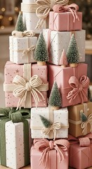 Christmas gift boxes in pink, white, gold with rope ribbons and mini trees, cozy warm lights, festive holiday decor