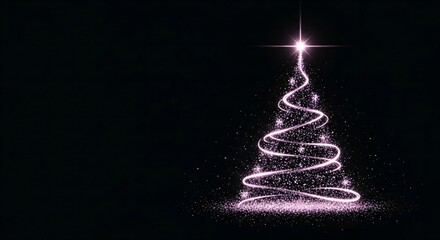 Pink sparkling Christmas tree made from glowing particles and bright star on black background, magical holiday digital art