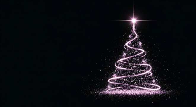 Pink sparkling Christmas tree made from glowing particles and bright star on black background, magical holiday digital art
