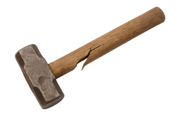 Sledgehammer with broken wooden handle showing damage and heavy use, isolated on transparent background