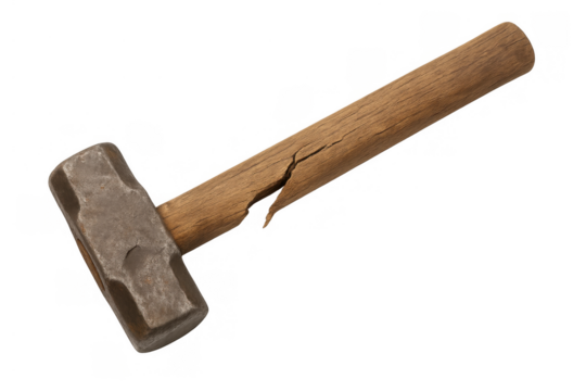 Sledgehammer with broken wooden handle showing damage and heavy use, isolated on transparent background - Powered by Adobe