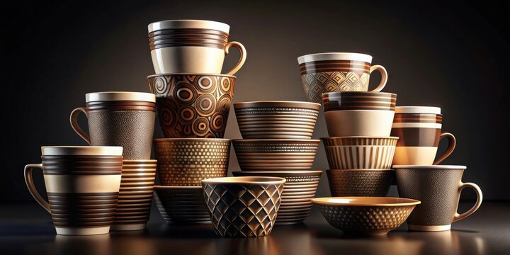 A captivating arrangement of elegant coffee cups and bowls, showcasing a sophisticated palette of brown hues and intricate geometric patterns, reflecting ambient light on a dark surface.