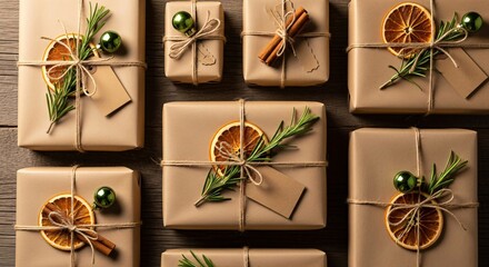 Eco-friendly Christmas gifts in kraft paper with twine, dried orange, rosemary and cinnamon, rustic holiday wrapping. Background or wallpaper