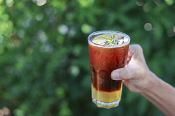 Hand holding glass of refreshing iced coffee. delicious cold brew beverage and perfect summer drink enjoyed outdoor in garden with relaxing green background