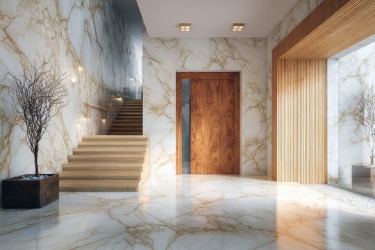 Modern entryway with marble walls, wooden door, and stairs.
