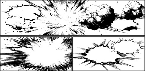 Dynamic black and white anime manga explosion illustration for comics and design