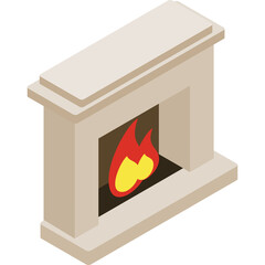 Cartoon Style Beige Fireplace With A Warm Yellow And Red Flame Burning Inside And A Transparent Background