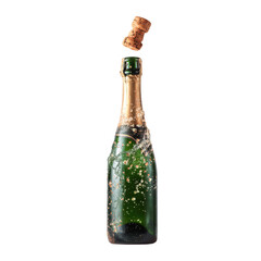 Celebration toast with champagne bottle and cork popping on a transparent background, cut out