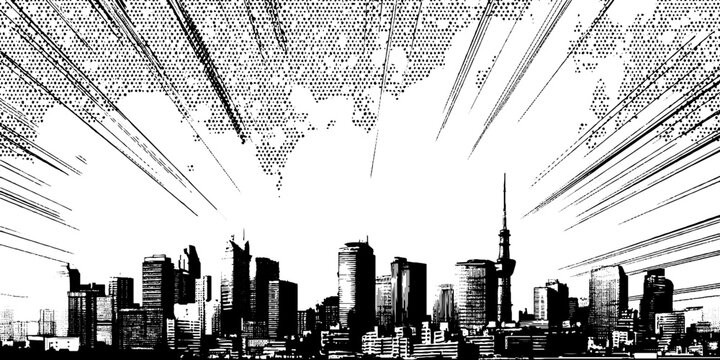 Dynamic black and white anime manga city skyline with speed lines for comic design