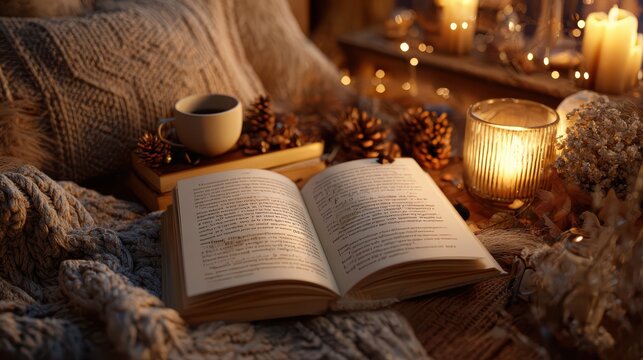 Cozy autumn reading nook with open book, steaming coffee mug, pinecones, candles, and warm knitted blankets creating peaceful hygge atmosphere