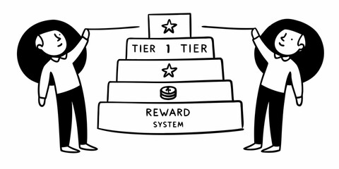 Illustration of a tiered reward system with two people connecting the tiers with a string line art style